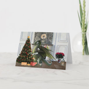 Tarjeta Escena de chimenea con árbol de dragón de Navidad