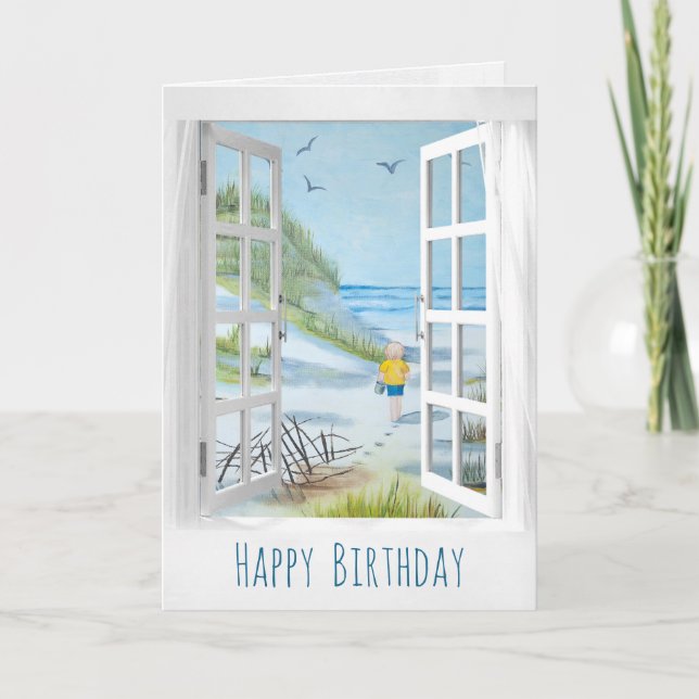 Tarjeta escena de cumpleaños de la ventana abierta frente  (Anverso)