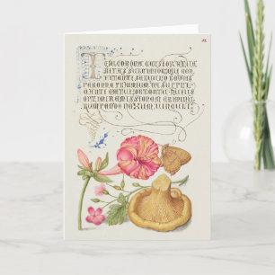 Tarjeta Escena de jardín con flores, mariposa y hongo