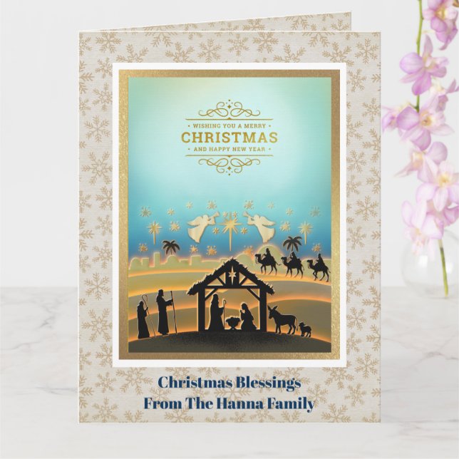 Tarjeta Escena de la Natividad "Feliz Navidad y Próspero A (Orquídea)
