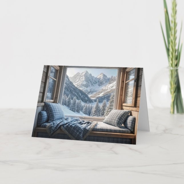 Tarjeta Escena de montaña de cumpleaños en una ventana de  (Anverso)