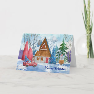Tarjeta Escena de Navidad con cabaña y camión rojo