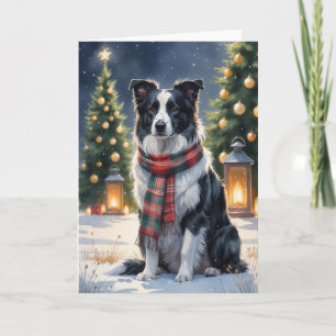 Tarjeta Escena de Navidad con Collie de Border en acuarela
