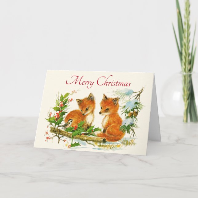 Tarjeta Escena de Navidades Retro de zorros de época (Anverso)