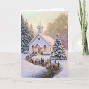 Tarjeta Escena de nieve con iglesia y feligreses