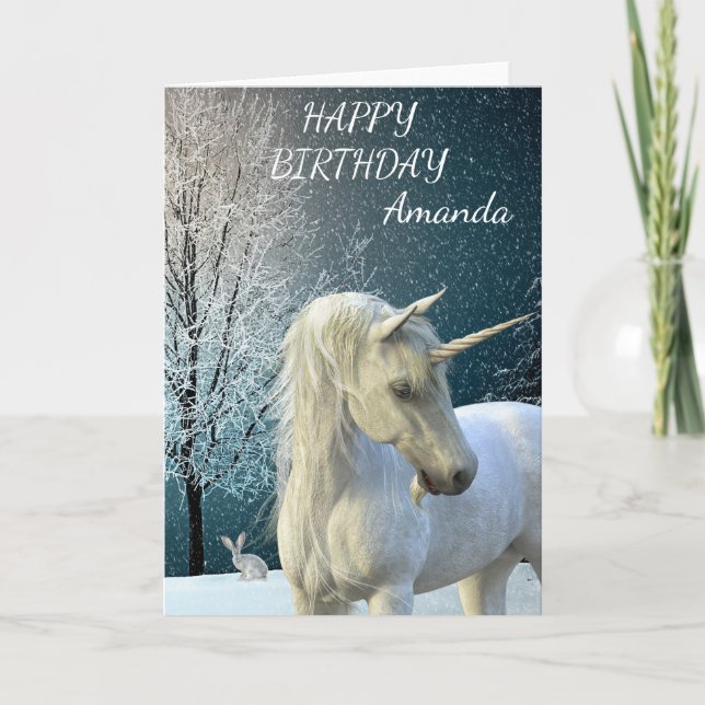 Tarjeta Escena de nieve de unicornio mágico de cumpleaños  (Anverso)