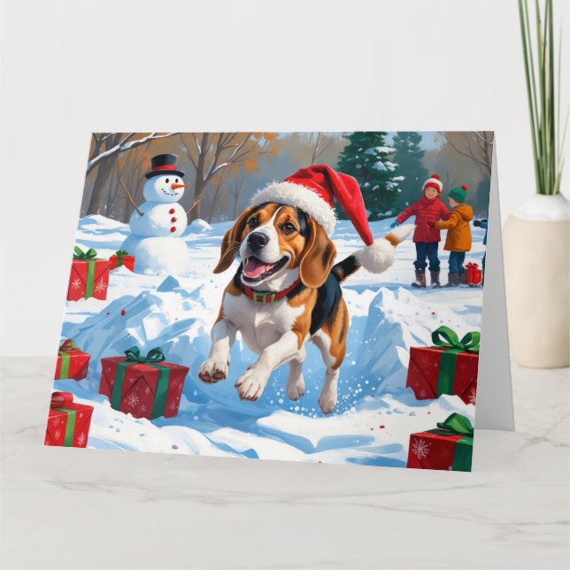 Tarjeta Escena de nieve festiva de Navidad de Beagle (Anverso)