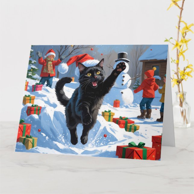 Tarjeta Escena de nieve festiva para Navidades de gato neg (flor amarilla)