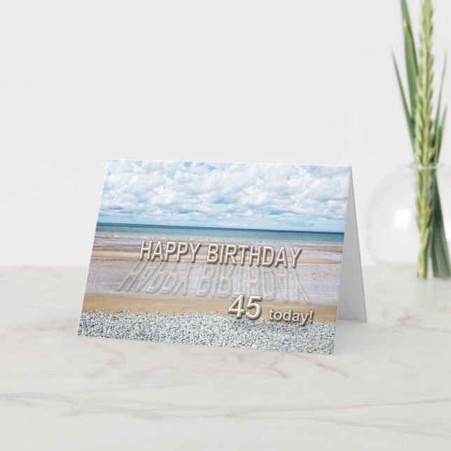 Tarjeta Escena de playa 45 cumpleaños con letras 3D (Anverso)