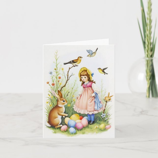 Tarjeta Escena de primavera con Chica, conejo y huevos de  (Anverso)