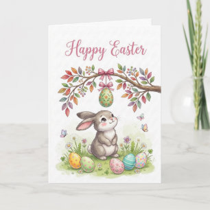 Tarjeta Escena del conejo de Pascua con huevo colgante