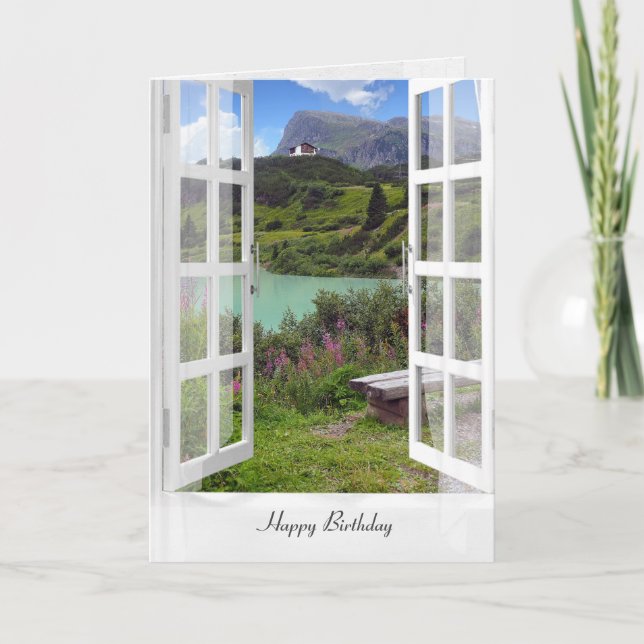 Tarjeta Escena del lago montañoso austríaco en la ventana (Anverso)