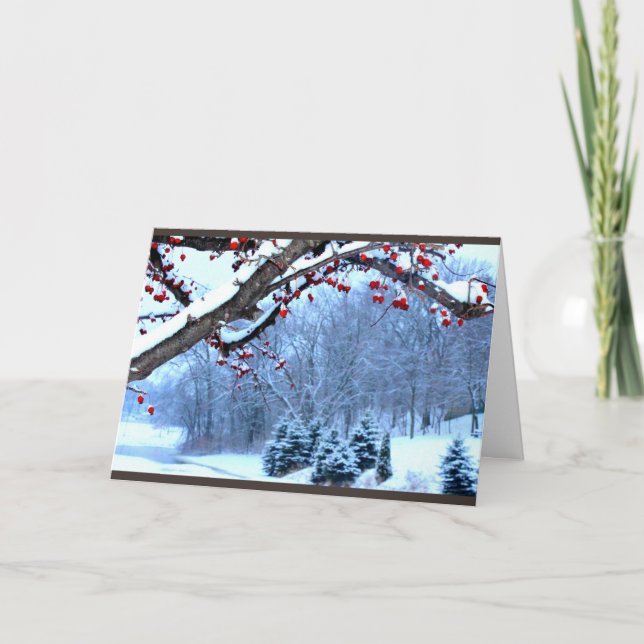 Tarjeta Escena del río Berry Trees cubierta de nieve (Anverso)