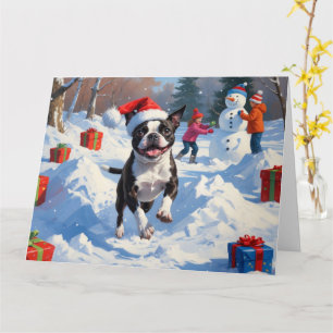 Tarjeta Escena festiva de Navidad con Boston Terrier en la