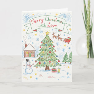 Tarjeta Escena Festiva Dibujada a Mano Navidad