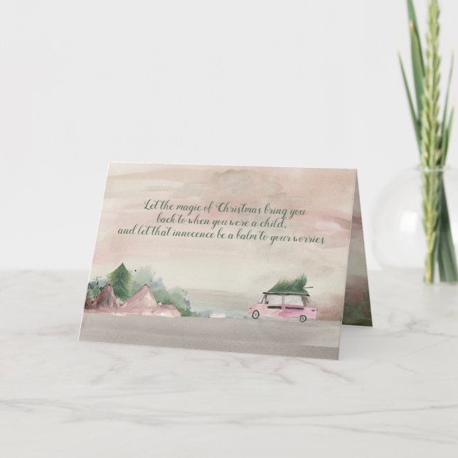 Tarjeta Escena Navideña Campestre: Traendo el Árbol a Casa (Anverso)