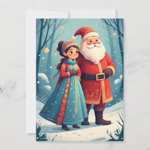 Tarjeta Escena navideña con Papá Noel y Doncella de Nieve