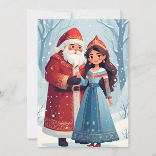 Tarjeta Escena navideña con Papá Noel y Doncella de Nieve