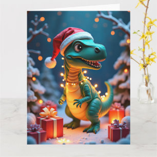 Tarjeta Escena navideña de dinosaurio lindo envuelto en lu