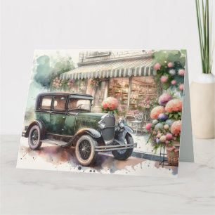 Tarjeta Escena Retro de Coche y Boutique Floral
