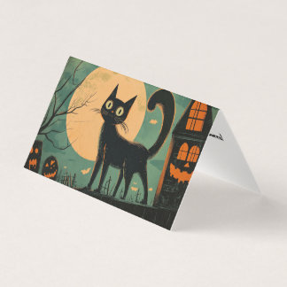 Tarjeta Escena Retro Espeluznante de Gato Negro en Cemente