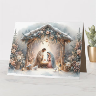 Tarjeta Escena rústica del Nacimiento con flores de invier