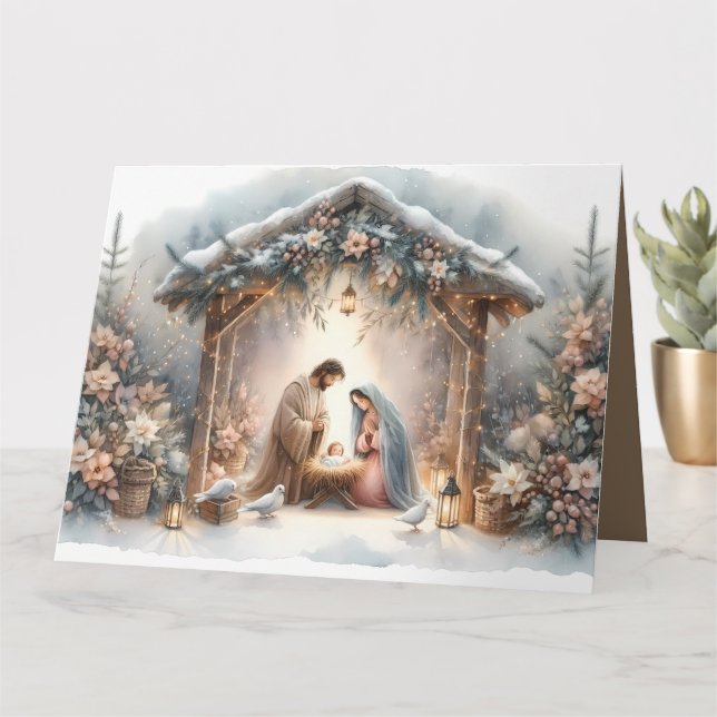 Tarjeta Escena rústica del Nacimiento con flores de invier (Planta pequeña)