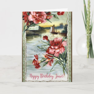 Tarjeta Escena Vintage Pacífico Barcos de Vela Flores Cump
