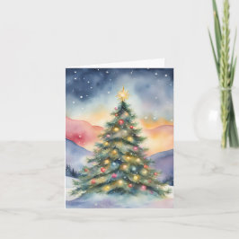 Tarjeta Escenario de atardecer nevado con árbol de Navidad