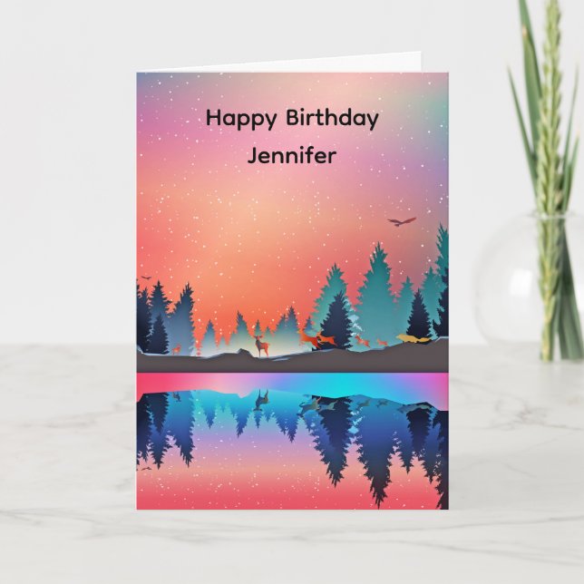 Tarjeta Escenario lago invernal con cumpleaños de ciervos (Anverso)