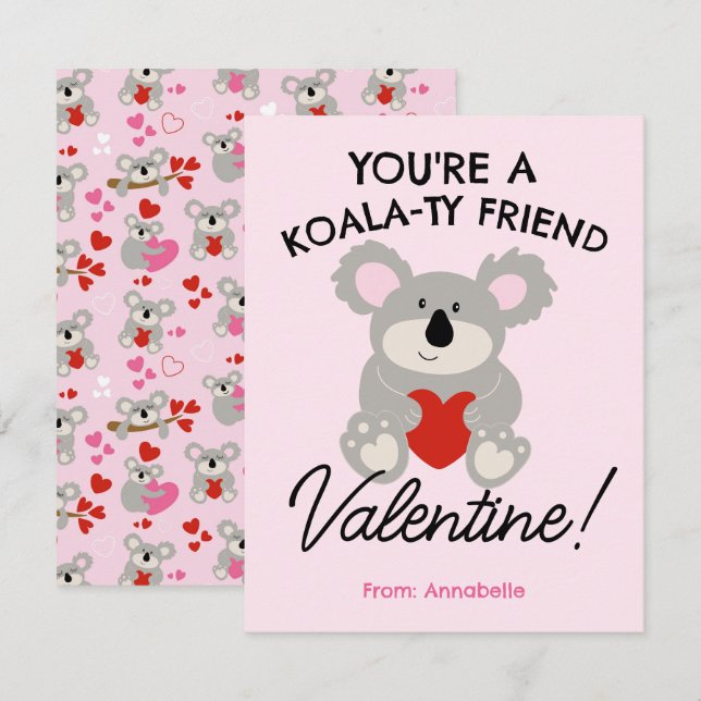 Tarjeta escolar Koala Bear El día de San Valentín (Anverso / Reverso)