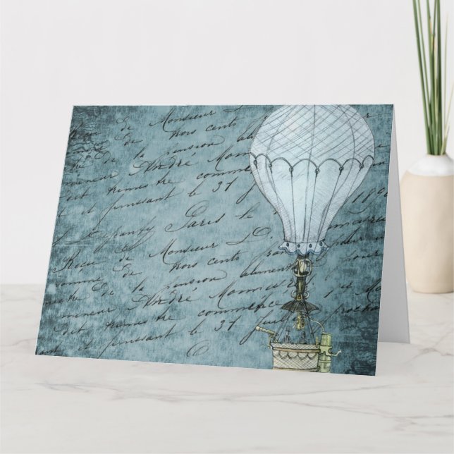 Tarjeta Escritura azul de Steampunk del globo del aire (Anverso)