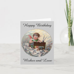 Tarjeta Escritura del niño del ángel del cumpleaños del