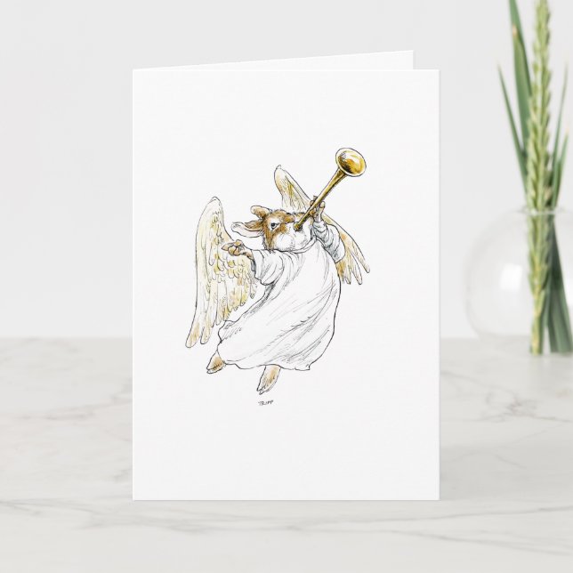 Tarjeta ¡Escucha! Carta de conejo ángel con trompeta (Anverso)