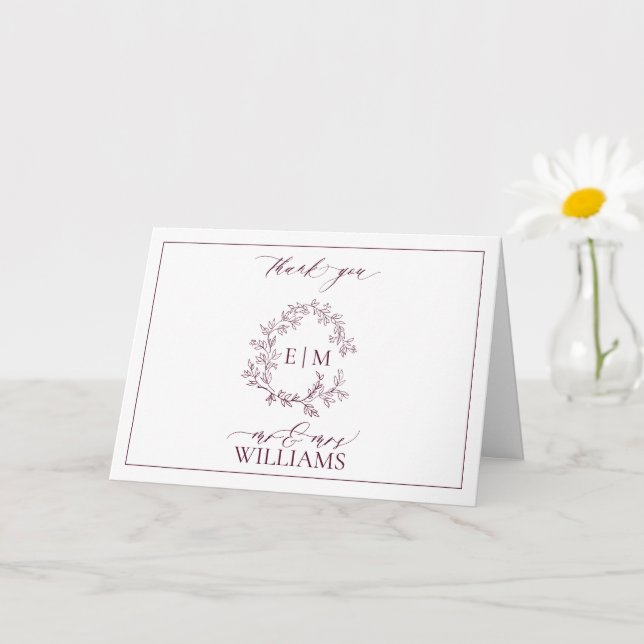 Tarjeta Escudo de Borgoña Leafy Monograma Foto Gracias (Planta pequeña)