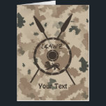 Tarjeta Escudo De Macabetes Y Láminas Desérticas<br><div class="desc">Representación de un escudo de un Macabee y dos lanzas sobre un fondo de camo desértico. El escudo está adornado por un león y el texto que dice "Yisrael" (Israel) en el alfabeto paleo-hebreo. Añade tu propio texto adicional. Los macabros eran rebeldes judíos que liberaron a Judea del yugo del...</div>