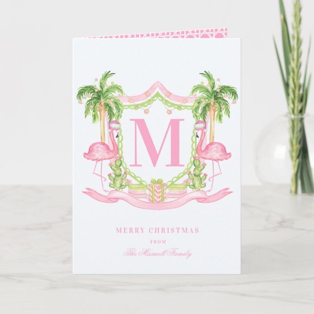 Tarjeta Escudo de Navidades de Flamingo Preppy (Anverso)