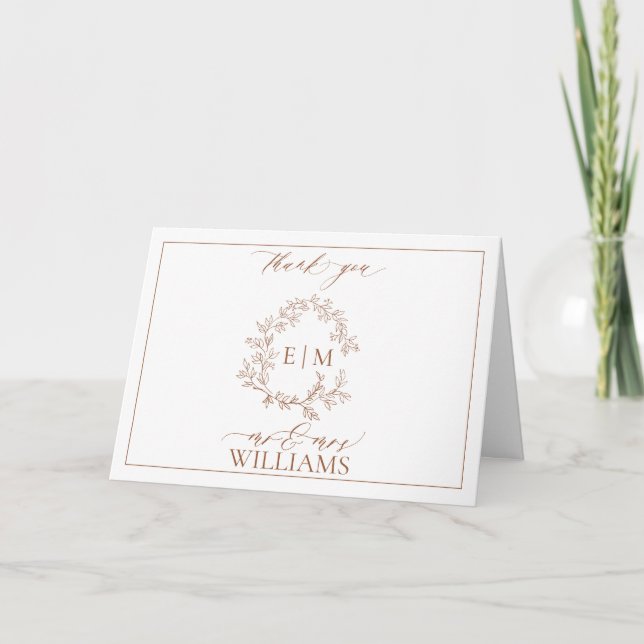 Tarjeta Escudo moderno Terracota Leafy Monograma Gracias (Anverso)