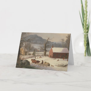 Tarjeta Escuela Roja (Escena Rural): Navidad en Blanco