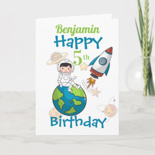 Tarjeta Espacio Feliz quinto cumpleaños