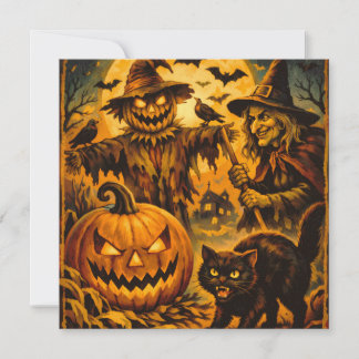 Tarjeta Espantapájaros de Halloween vintage, Bruja, Calaba