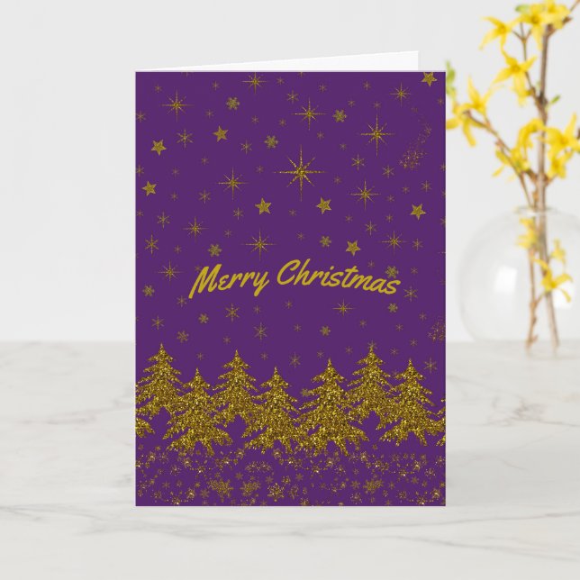 Tarjeta Espantoso árbol de Navidad dorado, estrellas, niev (flor amarilla)