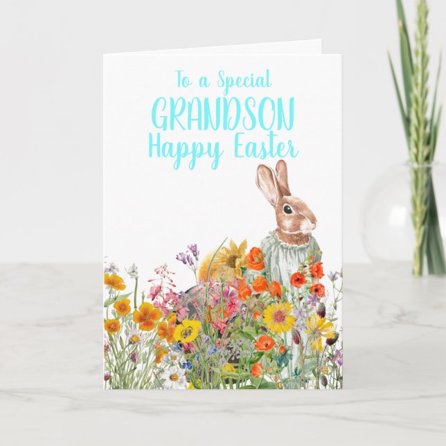 Tarjeta especial de Pascua para nieto con conejo v (Anverso)