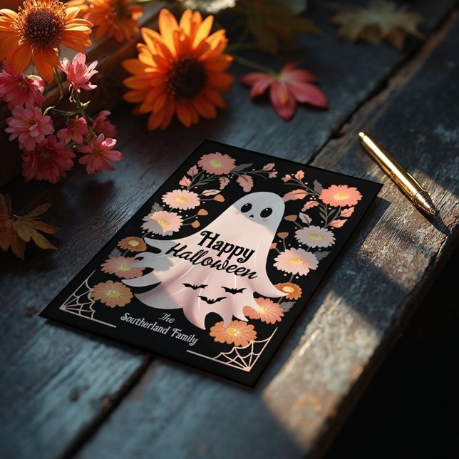 Tarjeta Espectacular fantasma sincera Halloween floral (Cute Spooky Ghost Whimsical Floral Halloween Card)