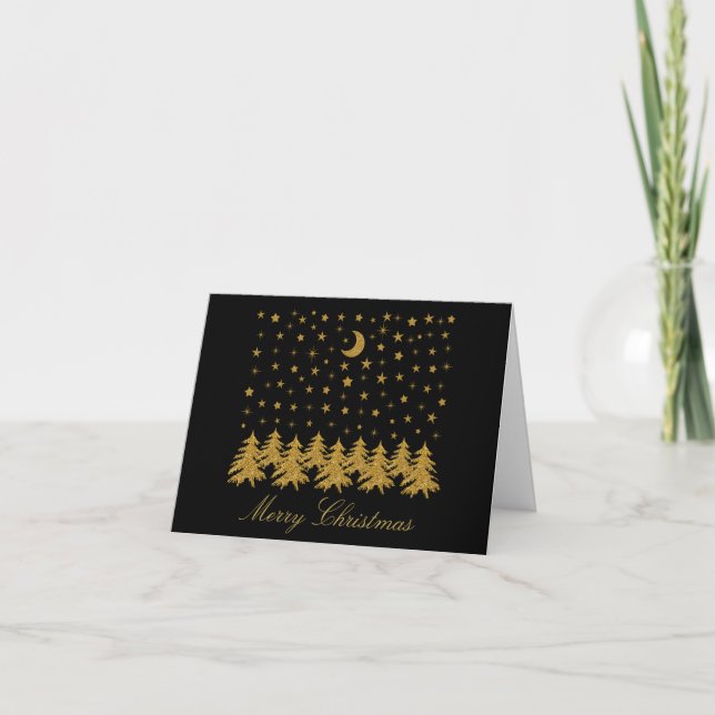 Tarjeta Espeluznante árbol de Navidad dorado, luna, estrel (Anverso)