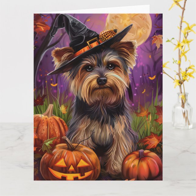 Tarjeta Espeluznante Biewer Terrier Halloween Bruja Y Cala (flor amarilla)
