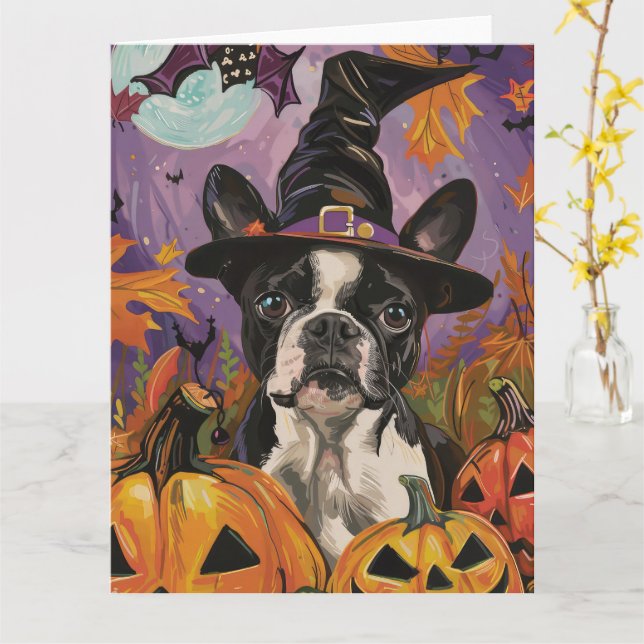 Tarjeta Espeluznante Bruja De Halloween Y Calabaza De Bost (flor amarilla)