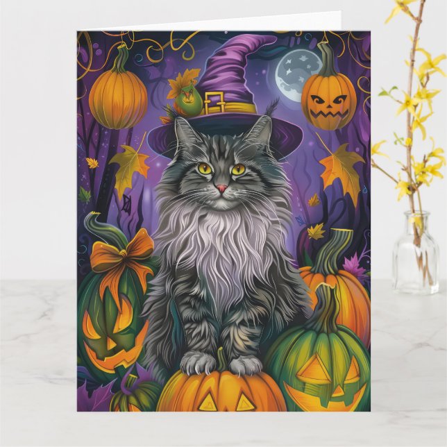 Tarjeta Espeluznante Gato Siberiano Halloween Bruja Y Cala (flor amarilla)