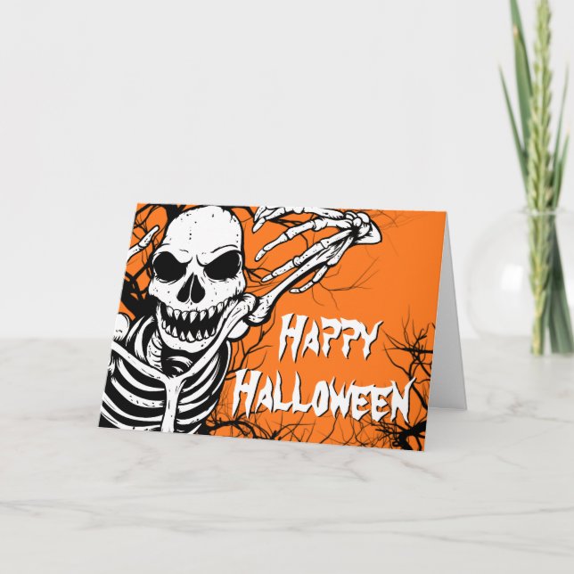 Tarjeta Espeluznante Naranja del Skeleton de Halloween (Anverso)