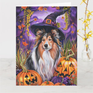 Tarjeta Espeluznante Shetland Sheepdog Halloween Witch Pum